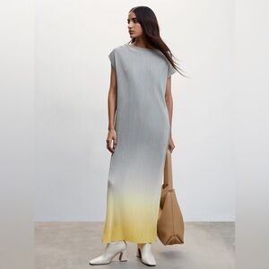 MANGO Pleated Satin Maxi Dress Grey Silver Yellow Ombre Flowy Party Wedding US 4
